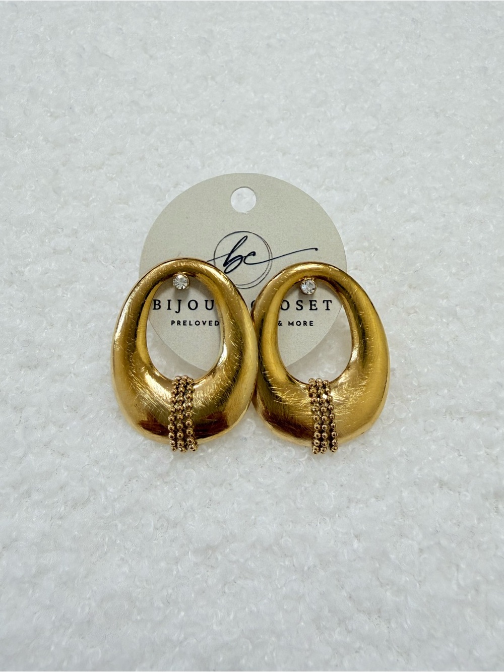 Gold Oval Drop Earrings with Beaded Accent